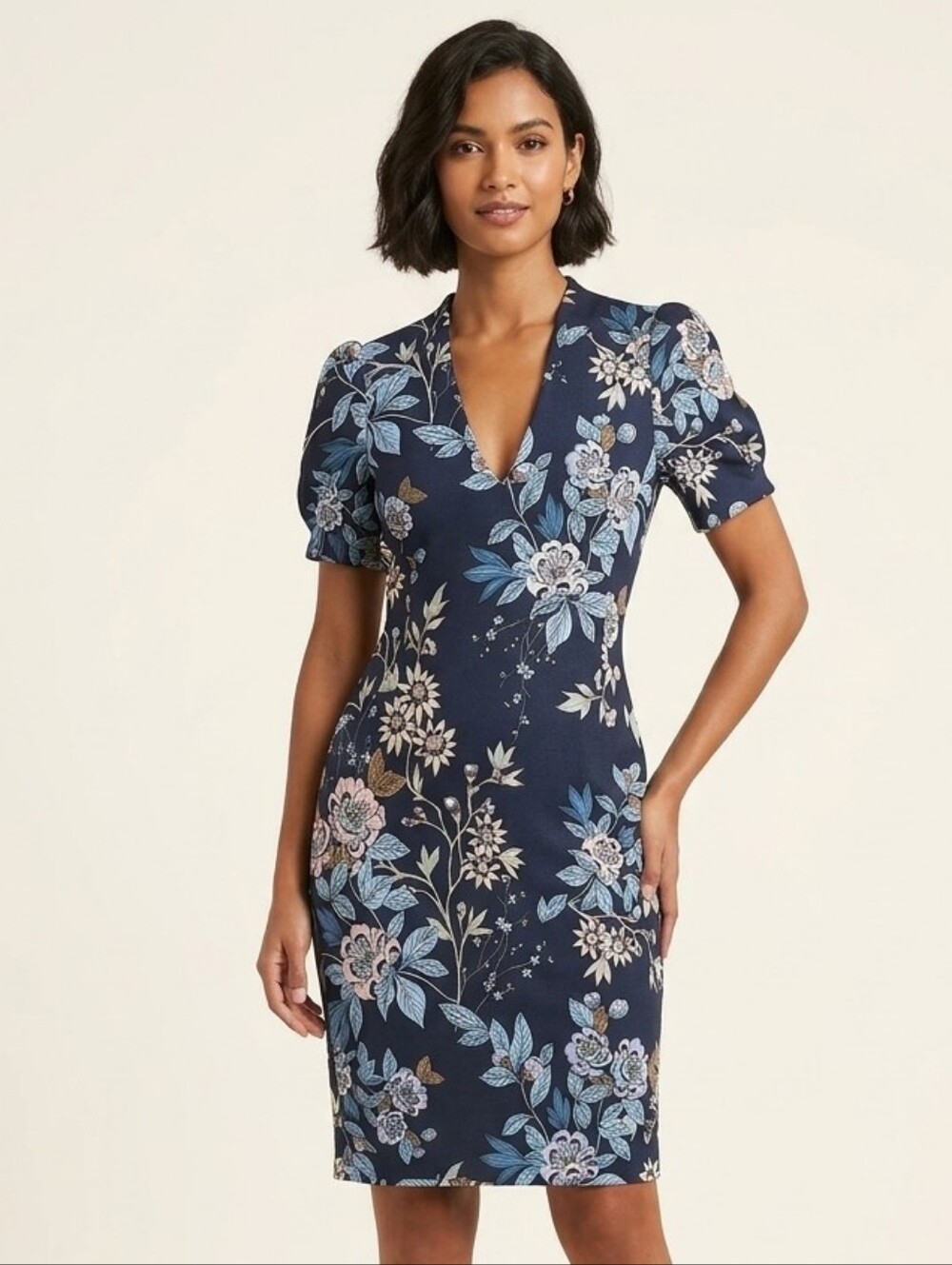 Vince Camuto Floral Scuba Crepe V-Neck Sheath Dress Navy Blue Short Sleeve 10